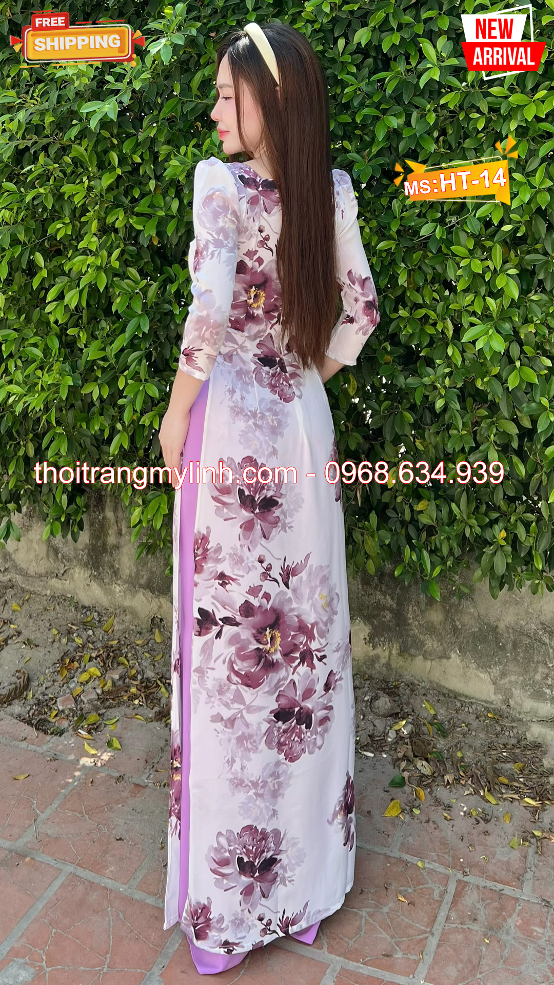 Bộ áo dài họa tiết bông tím nền trắng HT14